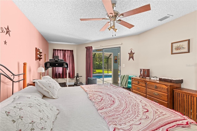 bedroom with access to exterior, a textured ceiling, and ceiling fan