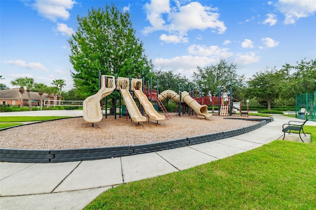 view of jungle gym featuring a yard