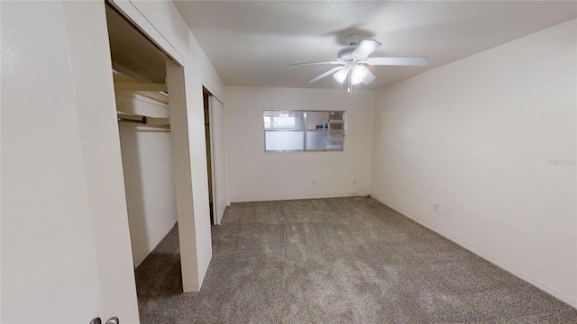 unfurnished bedroom with carpet flooring and ceiling fan