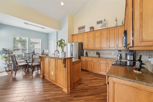 kitchen with dark stone counters, dark hardwood / wood-style floors, tasteful backsplash, a center island with sink, and appliances with stainless steel finishes