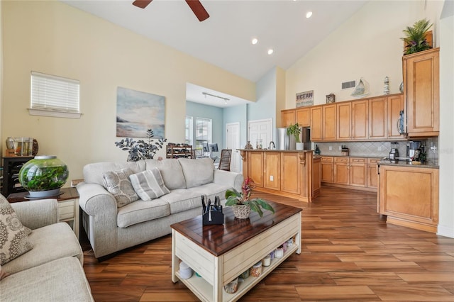 living room featuring high vaulted ceiling, ceiling fan, and hardwood / wood-style flooring