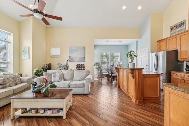 living room with ceiling fan and dark hardwood / wood-style flooring