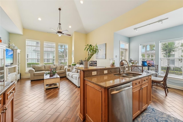 kitchen featuring ceiling fan, dishwasher, plenty of natural light, and sink