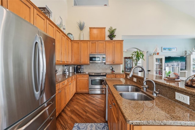 kitchen with an island with sink, sink, stainless steel appliances, and light stone countertops