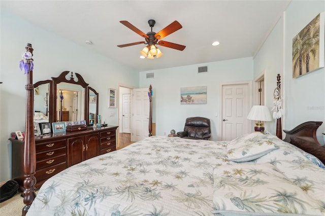 bedroom featuring carpet flooring and ceiling fan