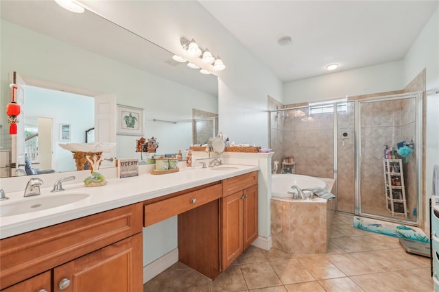 bathroom with vanity, separate shower and tub, and plenty of natural light