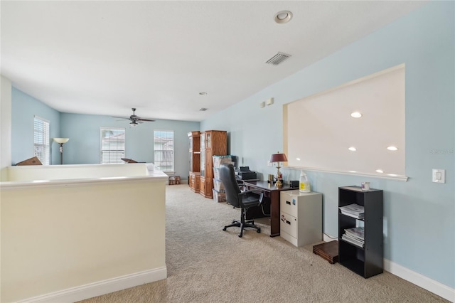 office area with light carpet and ceiling fan