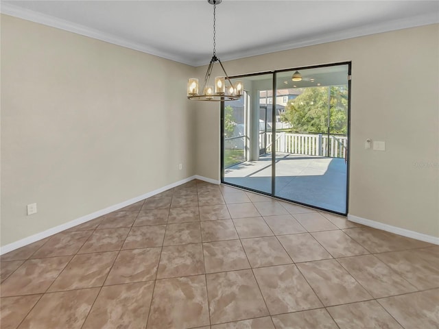 tiled empty room with an inviting chandelier and crown molding