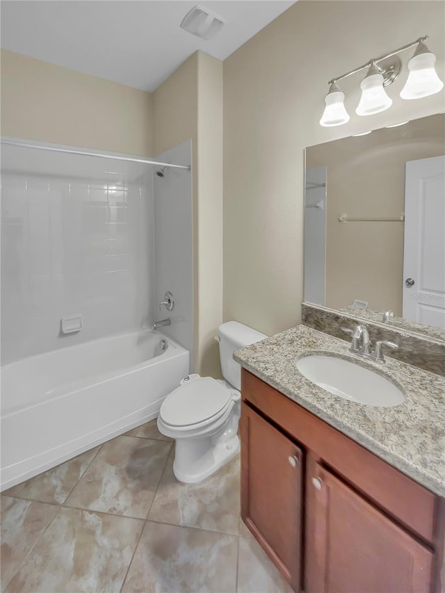 full bathroom with tile patterned flooring, vanity, toilet, and bathtub / shower combination