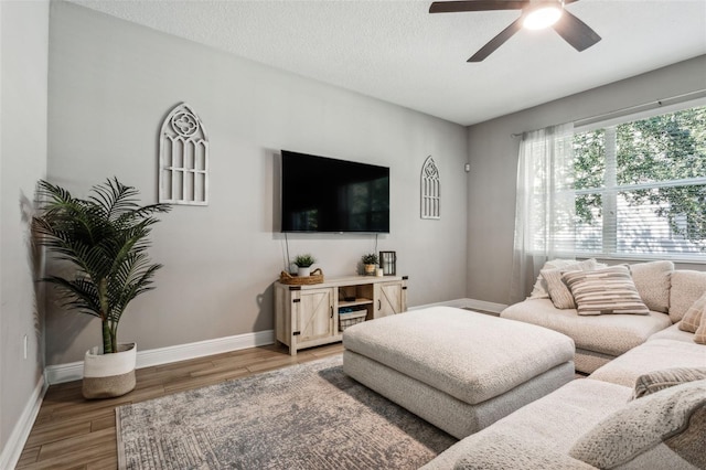 living room with ceiling fan, hardwood / wood-style flooring, and a textured ceiling