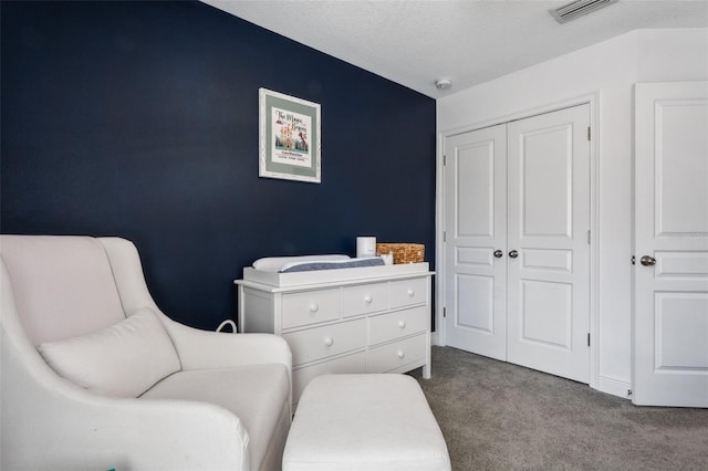 living area featuring a textured ceiling and carpet flooring