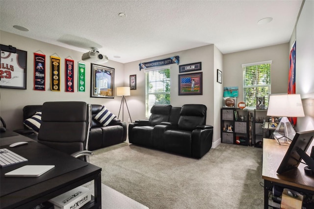 living room featuring carpet floors, a textured ceiling, and ceiling fan