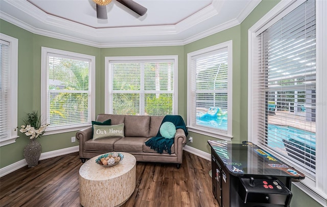 sunroom with a tray ceiling and ceiling fan