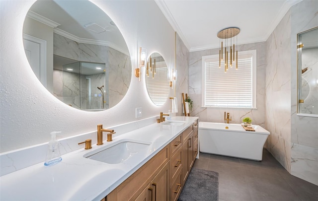 bathroom with ornamental molding, shower with separate bathtub, tile patterned floors, and vanity