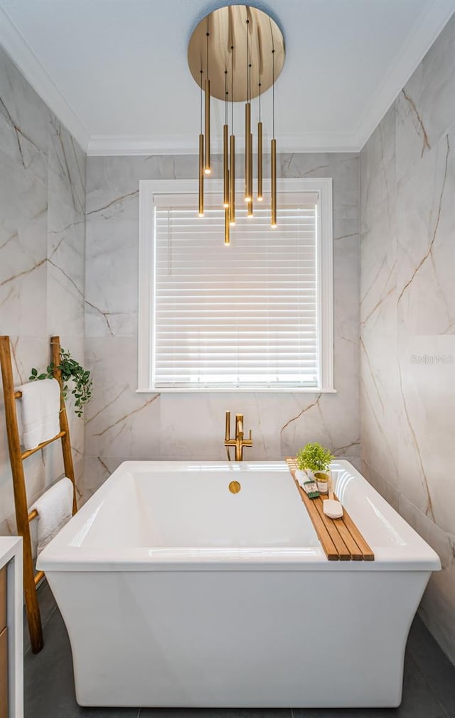 bathroom with a bath, tile walls, and ornamental molding