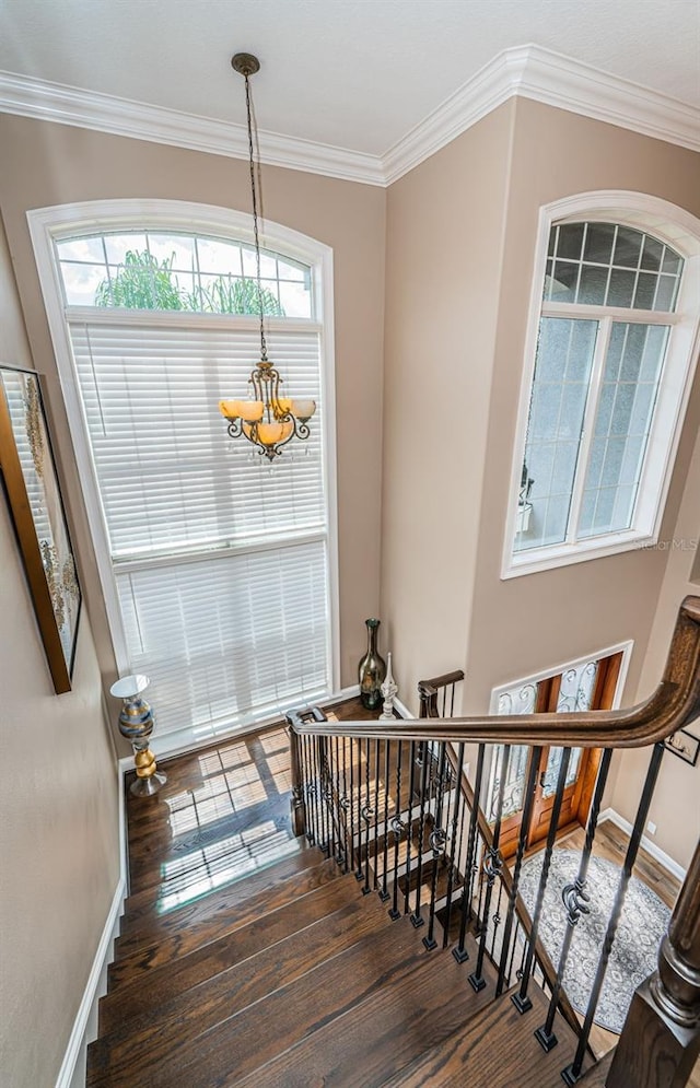 stairway featuring ornamental molding, wood-type flooring, and a chandelier