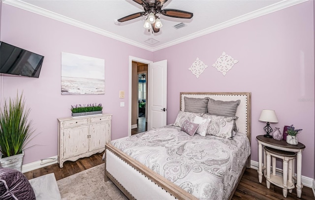 bedroom with ceiling fan, ornamental molding, and dark hardwood / wood-style flooring