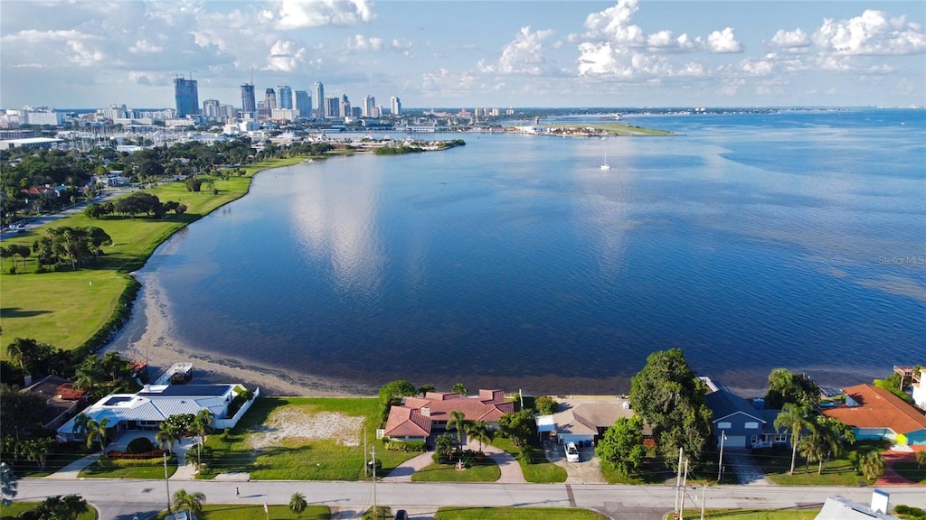 drone / aerial view with a water view