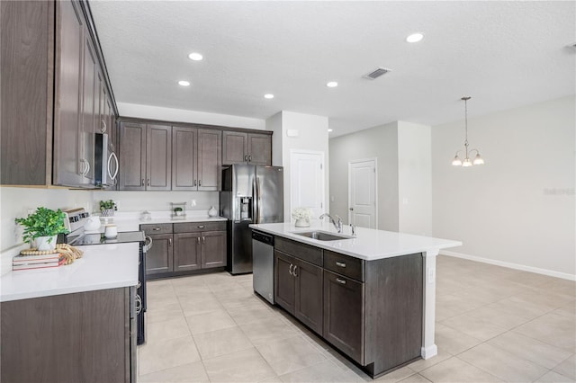 kitchen featuring pendant lighting, sink, a center island with sink, a chandelier, and stainless steel appliances