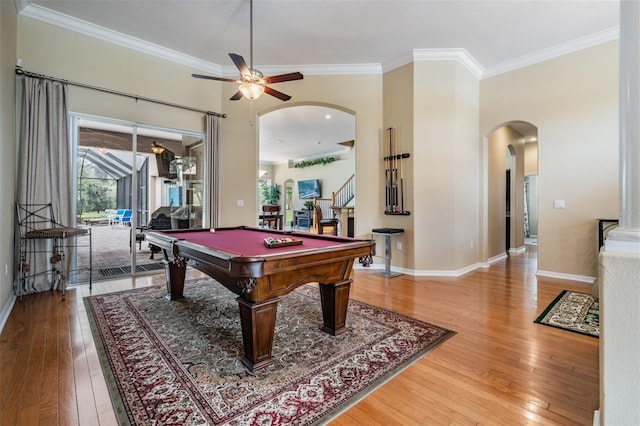 game room featuring pool table, wood-type flooring, crown molding, and ceiling fan