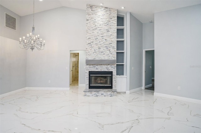 living room featuring a fireplace, built in features, high vaulted ceiling, and a notable chandelier