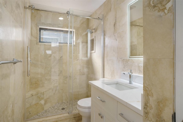 bathroom featuring vanity, toilet, and a shower with door