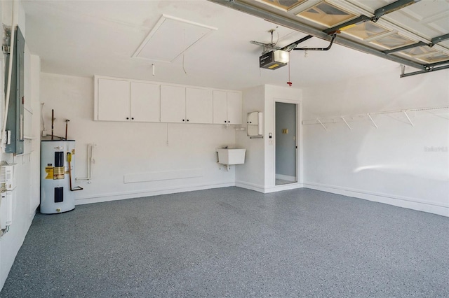 garage with sink, a garage door opener, and water heater