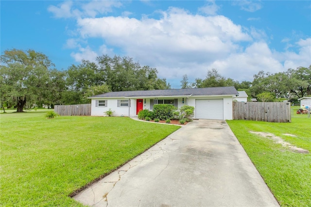 single story home with a front lawn and a garage