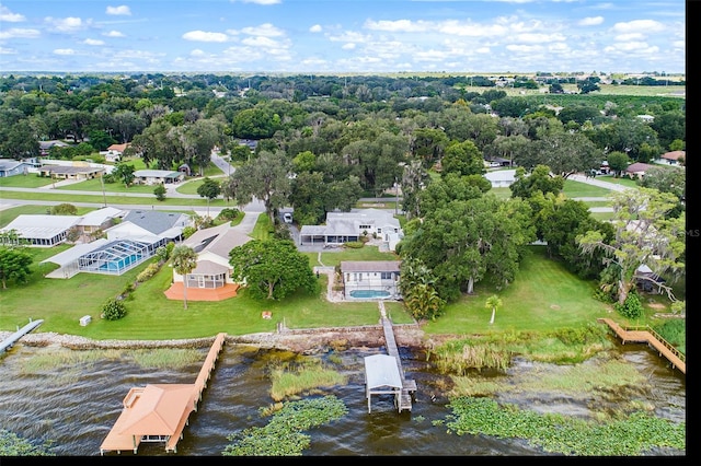 drone / aerial view with a water view