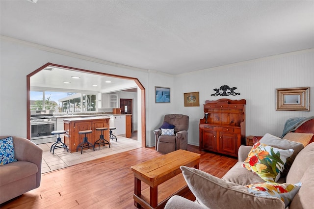 living room featuring light hardwood / wood-style flooring, a textured ceiling, and ornamental molding