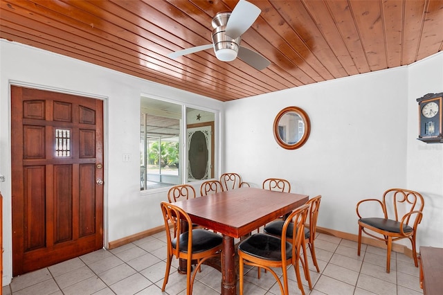 tiled dining room featuring wood ceiling and ceiling fan