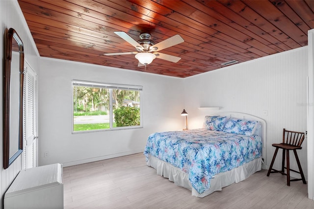 bedroom featuring ceiling fan, wood ceiling, and light hardwood / wood-style flooring