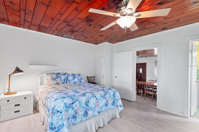 bedroom featuring wood ceiling, light hardwood / wood-style floors, ceiling fan, and ornamental molding