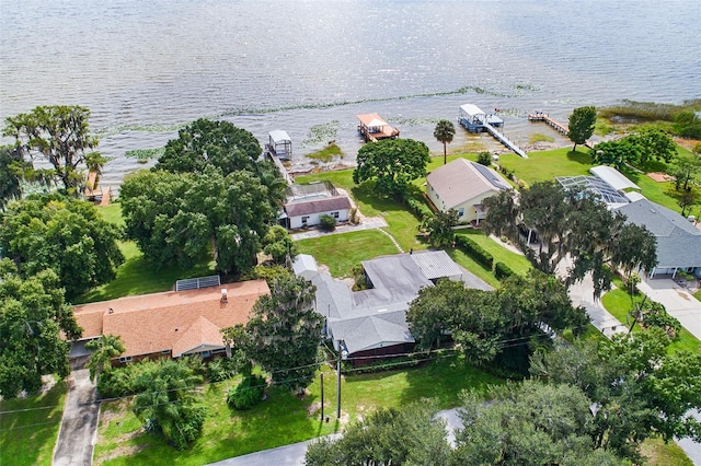 drone / aerial view featuring a water view