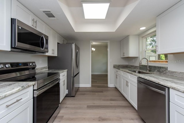 kitchen with white cabinetry, sink, a raised ceiling, light stone counters, and appliances with stainless steel finishes