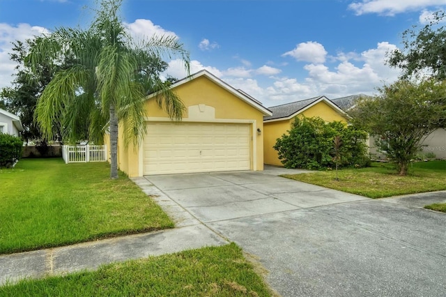 single story home featuring a front lawn and a garage