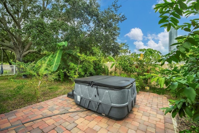 view of patio featuring a hot tub