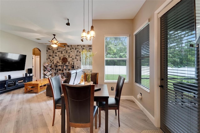 dining room featuring ceiling fan with notable chandelier and light hardwood / wood-style floors