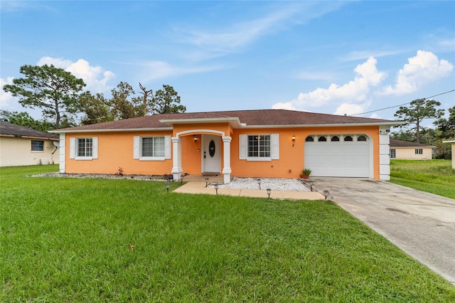 ranch-style house with a garage and a front yard