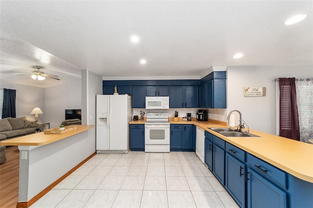 kitchen featuring sink, kitchen peninsula, white appliances, blue cabinets, and ceiling fan