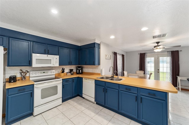 kitchen featuring ceiling fan, kitchen peninsula, sink, white appliances, and blue cabinetry