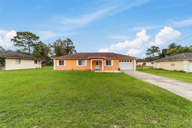 ranch-style home with a front lawn and a garage