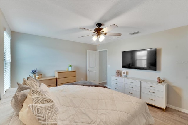 bedroom featuring ceiling fan and light wood-type flooring