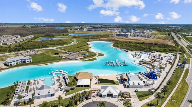 birds eye view of property featuring a water view