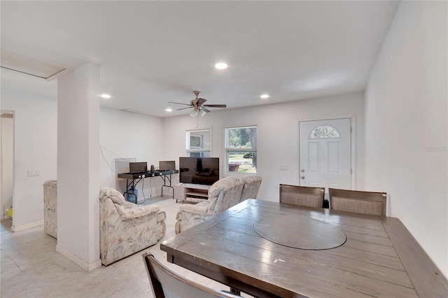 dining space featuring baseboards, recessed lighting, and a ceiling fan
