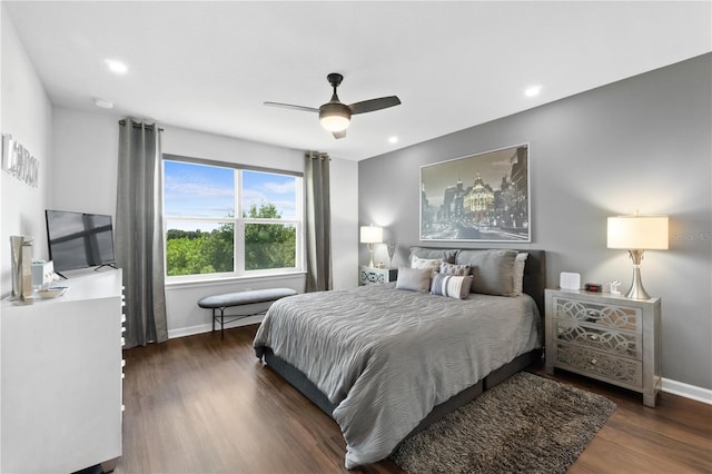 bedroom featuring dark wood-type flooring and ceiling fan