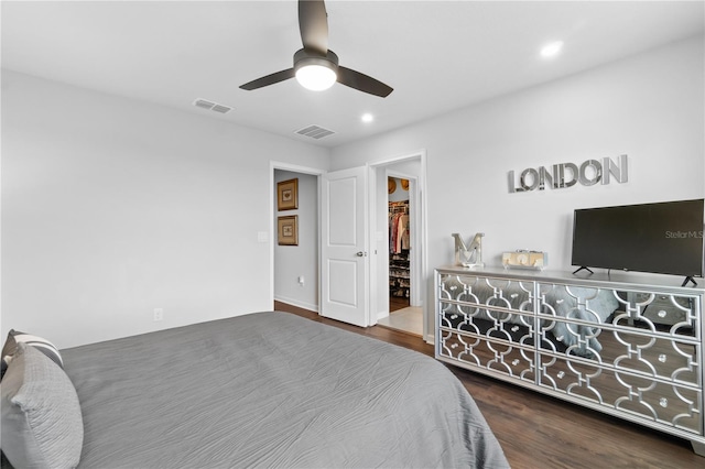 bedroom with a closet, a walk in closet, ceiling fan, and dark hardwood / wood-style flooring