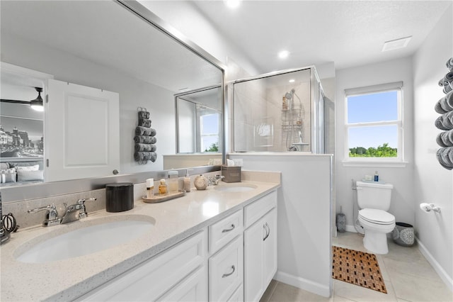 bathroom featuring a shower with shower door, vanity, ceiling fan, toilet, and tile patterned floors