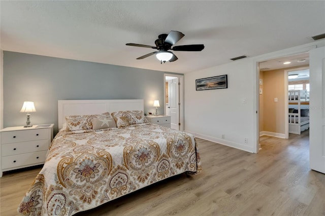 bedroom with ceiling fan and light wood-type flooring