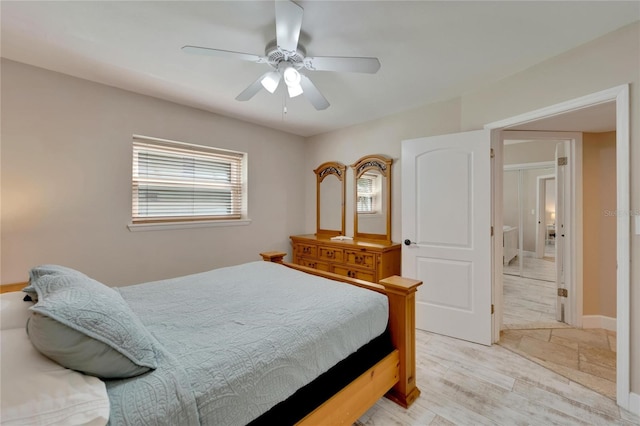 bedroom featuring light wood-type flooring and ceiling fan